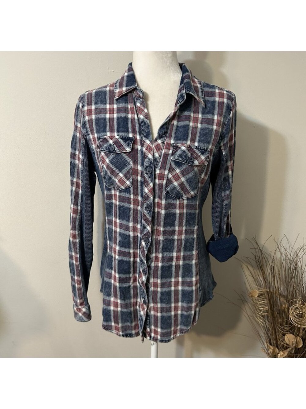 Ci Sono Plaid Collection Women Flannel Shirt Blue W Stretch Side Panels Cotton S